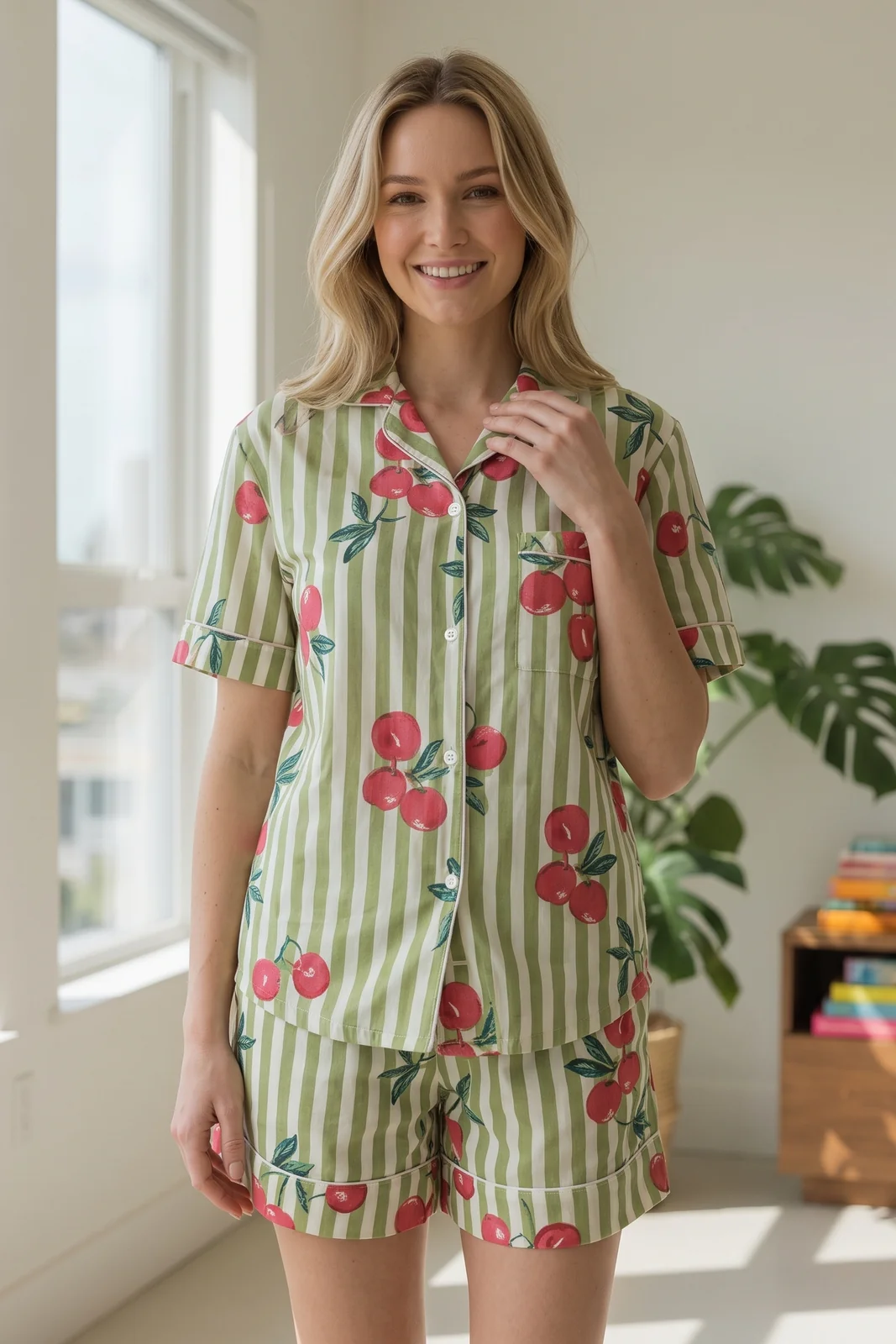 035-green-stripe-cherry-shirt-short-set-4 Cherry Stripe Shirt Shorts Night Suit in Green – women's cotton night suit, photo 4