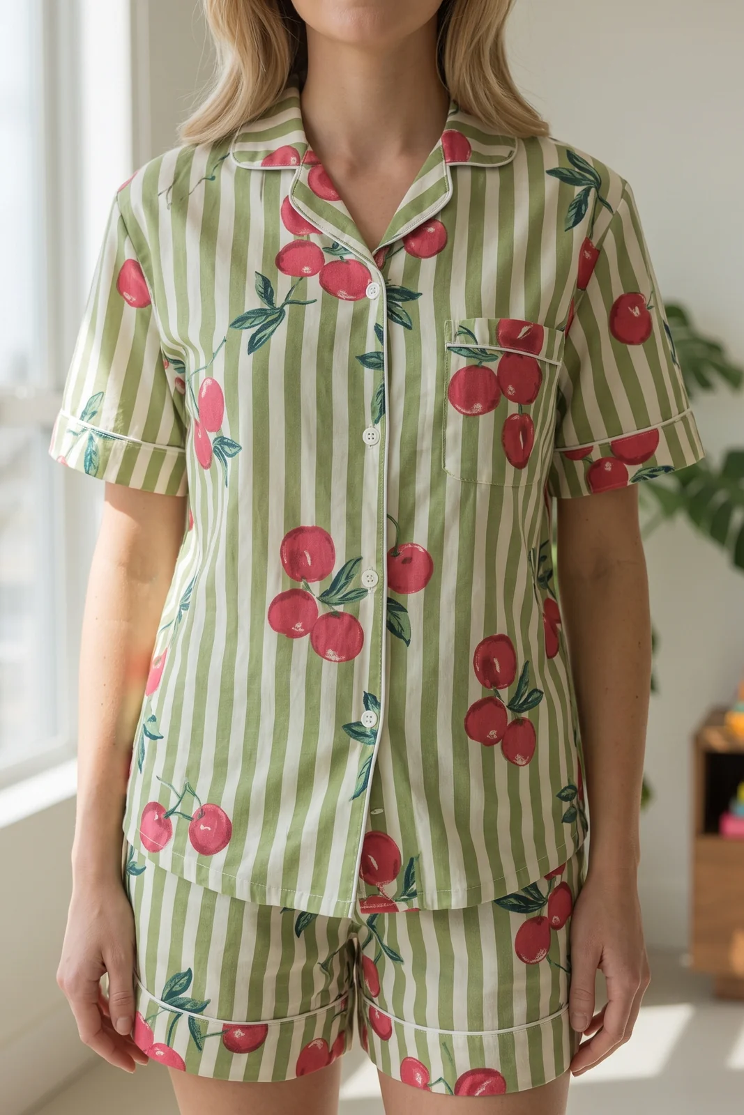 035-green-stripe-cherry-shirt-short-set-5 Cherry Stripe Shirt Shorts Night Suit in Green – women's cotton night suit, photo 5