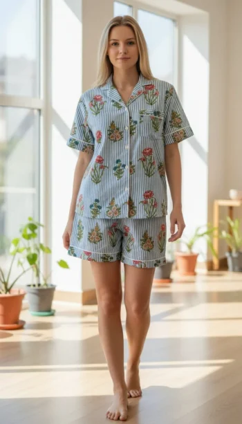 Blue Stripe Garden Shirt Shorts Night Suit in Light Blue – women's cotton night suit by AtoZMart