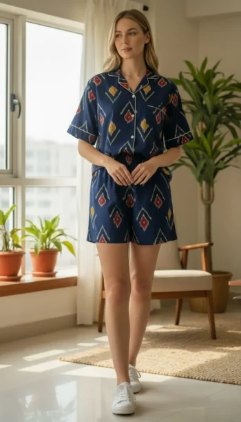 Navy Ikat Shirt Shorts Night Suit in Navy Blue – women's cotton night suit by AtoZMart