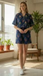 Navy Ikat Shirt Shorts Night Suit in Navy Blue – women's cotton night suit by AtoZMart