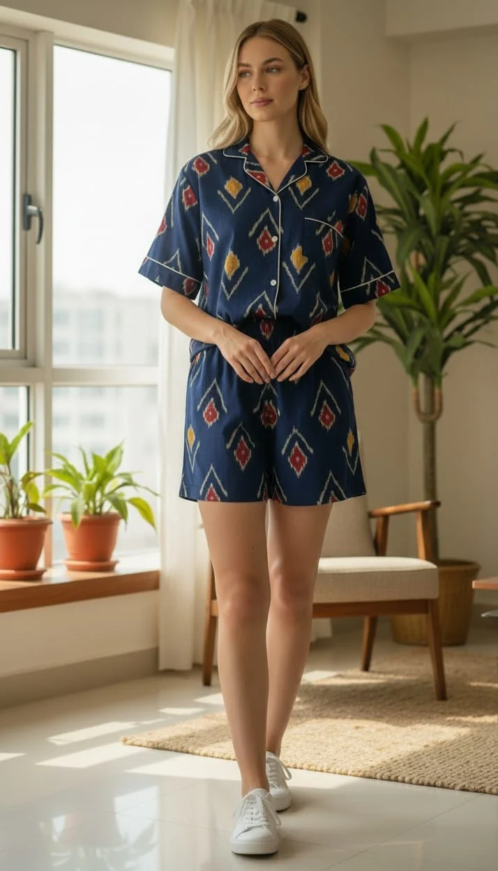 039-navy-ikat-shirt-short-set-1 Navy Ikat Shirt Shorts Night Suit in Navy Blue – women's cotton night suit by AtoZMart