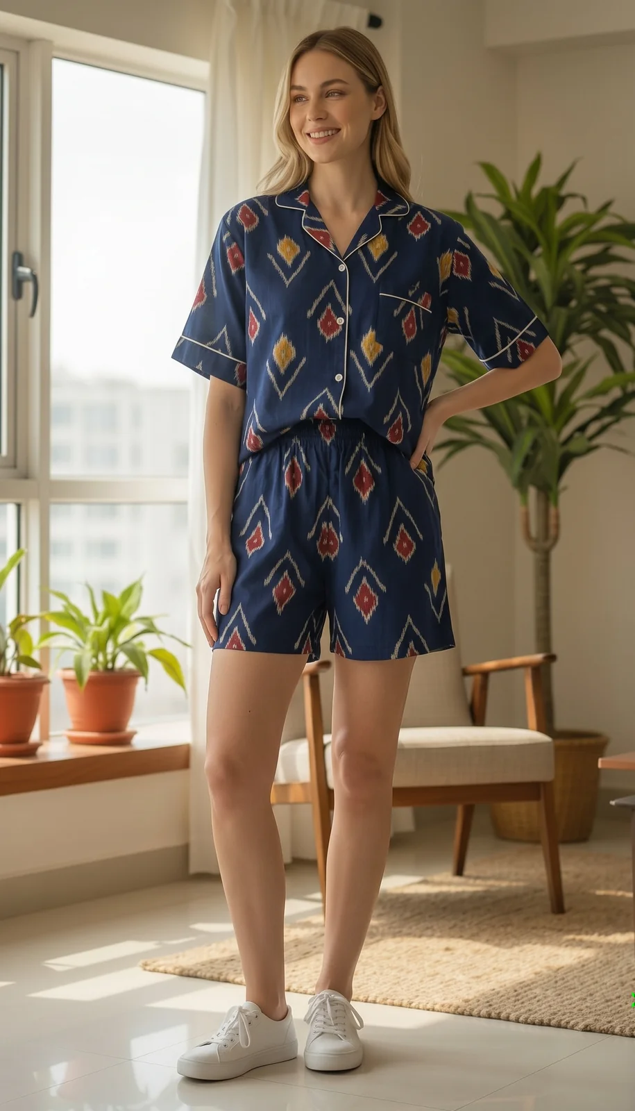 039-navy-ikat-shirt-short-set-3 Navy Ikat Shirt Shorts Night Suit in Navy Blue – women's cotton night suit, photo 3