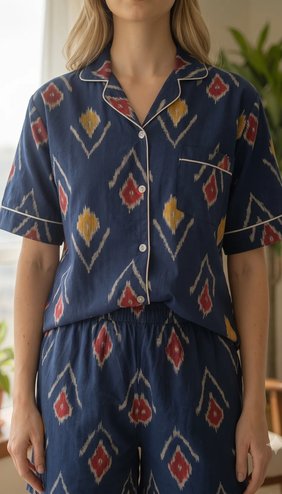 039-navy-ikat-shirt-short-set-5 Navy Ikat Shirt Shorts Night Suit in Navy Blue – women's cotton night suit, photo 5