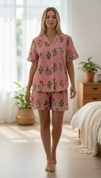 Coral Stripe Bloom Shirt Shorts Night Suit in Coral Pink – women's cotton night suit by AtoZMart