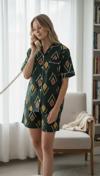 Emerald Ikat Shirt Shorts Night Suit in Dark Green – women's cotton night suit by AtoZMart