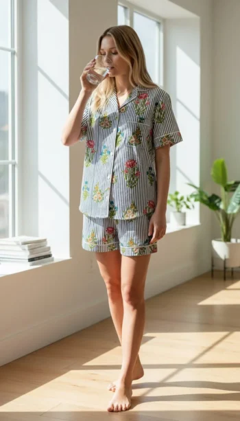 Noir Stripe Bloom Shirt Shorts Night Suit in Black – women's cotton night suit by AtoZMart
