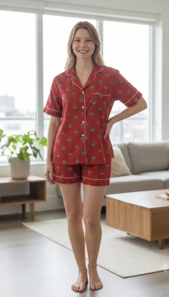 Scarlet Night Buti Shirt Shorts Night Suit in Red – women's cotton night suit, photo 2