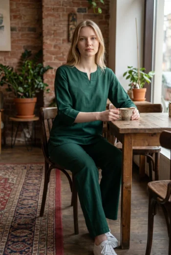 Bottle Green Cotton Slub Kurta Pyjama Night Suit – women's cotton night suit, photo 2