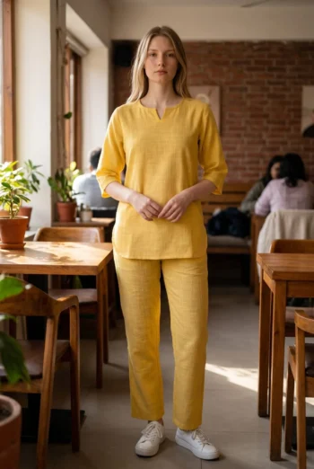 Sunshine Cotton Slub Kurta Pyjama Night Suit in Yellow – women's cotton night suit by AtoZMart