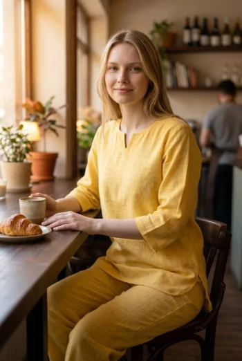 Sunshine Cotton Slub Kurta Pyjama Night Suit in Yellow – women's cotton night suit, photo 2