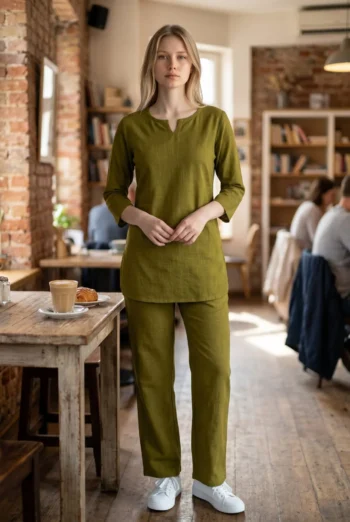 Olive Cotton Slub Kurta Pyjama Night Suit in Olive Green – women's cotton night suit by AtoZMart