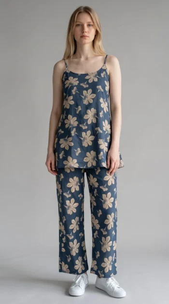 Navy Blossom Cami Pyjama Night Suit in Navy Blue – women's cotton night suit by AtoZMart