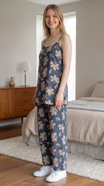 Navy Blossom Cami Pyjama Night Suit in Navy Blue – women's cotton night suit, photo 2
