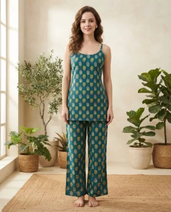 Teal Buti Cami Pyjama Night Suit – women's cotton night suit by AtoZMart