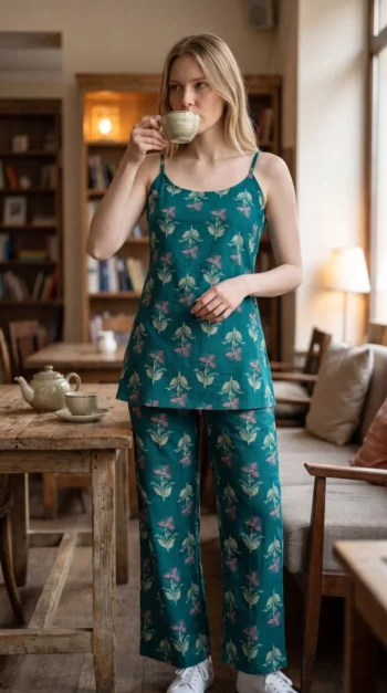 Teal Garden Cami Pyjama Night Suit – women's cotton night suit by AtoZMart