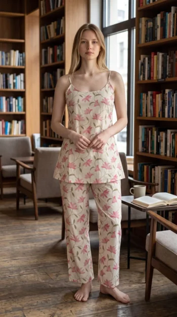 Pink Lily Cami Pyjama Night Suit in Cream – women's cotton night suit by AtoZMart
