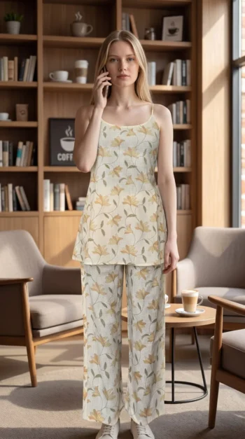 Yellow Lily Cami Pyjama Night Suit in Cream – women's cotton night suit by AtoZMart