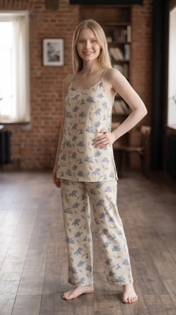 Blue Lily Dream Cami Pyjama Night Suit in Cream – women's cotton night suit, photo 2