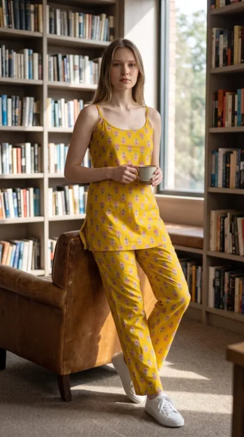Sunny Buti Cami Pyjama Night Suit in Yellow – women's cotton night suit by AtoZMart