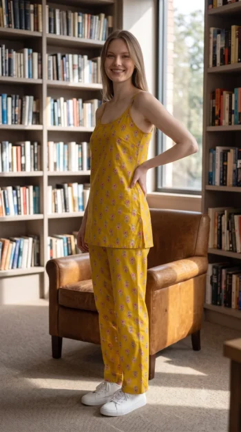 Sunny Buti Cami Pyjama Night Suit in Yellow – women's cotton night suit, photo 2