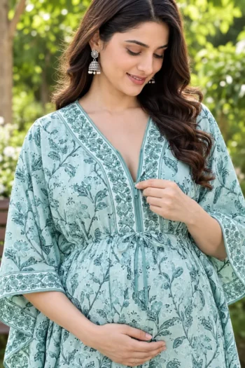 Aqua Bloom Maternity Kaftan in Aqua Blue – maternity kurti, photo 2