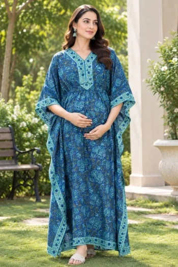 Ocean Bloom Maternity Kaftan in Dark Blue – maternity kurti by AtoZMart