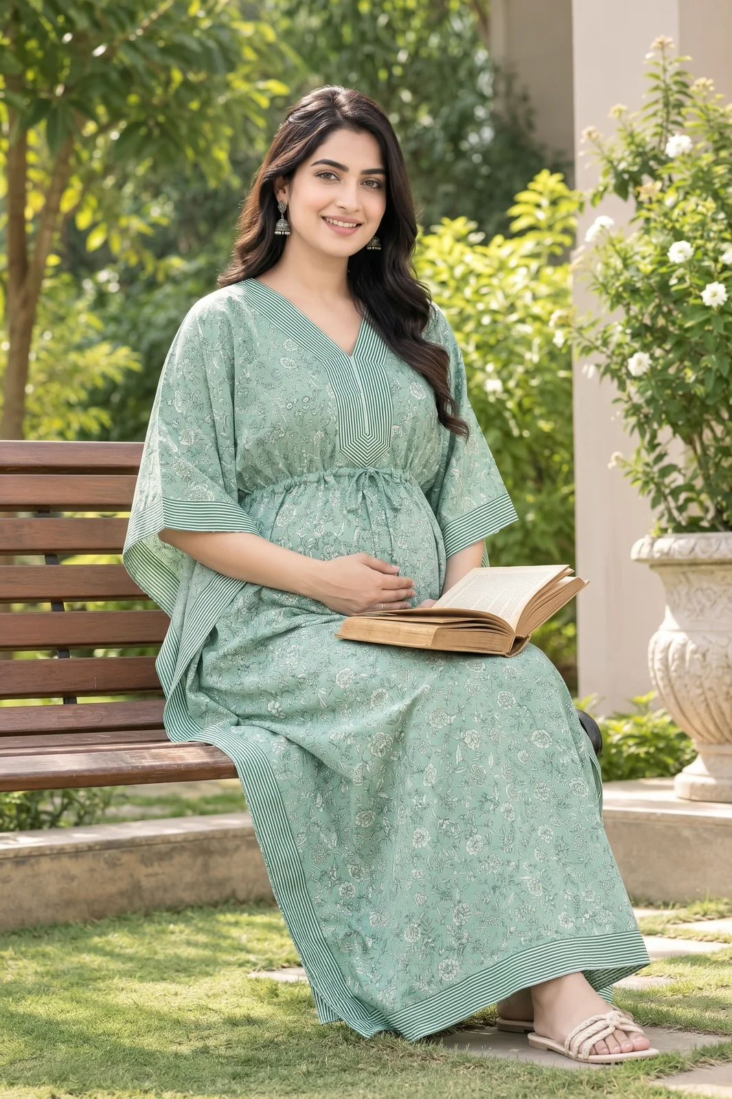 m1-03-sage-green-floral-maternity-kaftan-3 Sage Meadow Maternity Kaftan in Sage Green – maternity kurti, photo 3