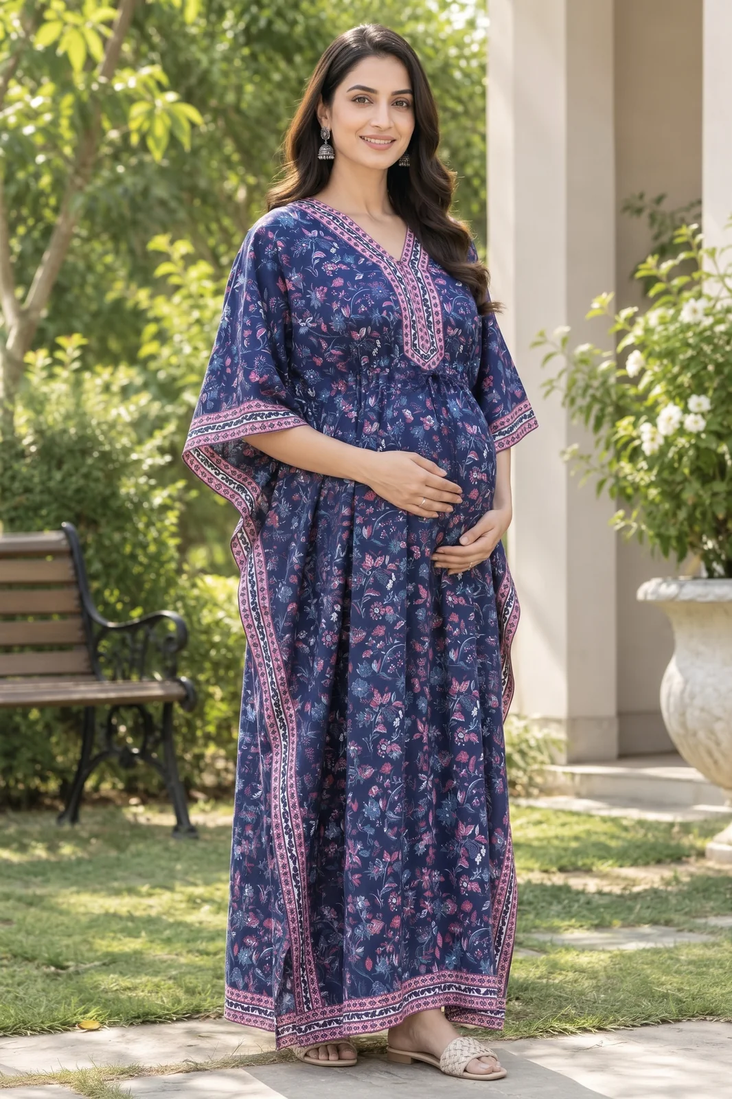 m1-04-purple-floral-maternity-kaftan-2 Rose Vine Maternity Kaftan in Navy Blue – maternity kurti, photo 2