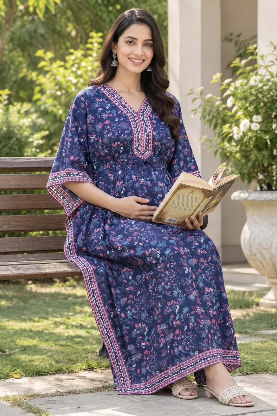 m1-04-purple-floral-maternity-kaftan-3 Rose Vine Maternity Kaftan in Navy Blue – maternity kurti, photo 3