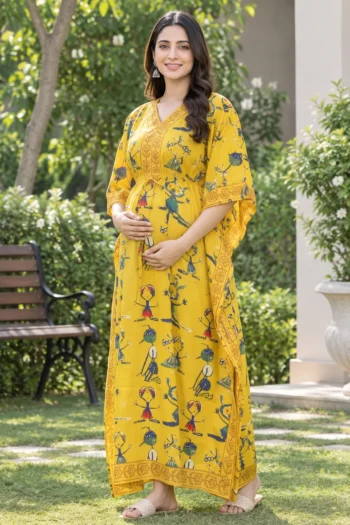 Folk Art Maternity Kaftan in Yellow – maternity kurti, photo 2