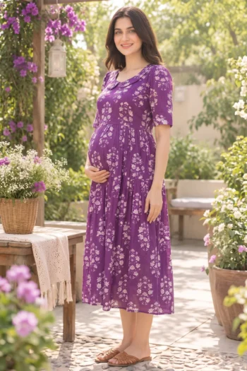 Grape Blossom Maternity Dress in Wine Purple – maternity kurti, photo 2