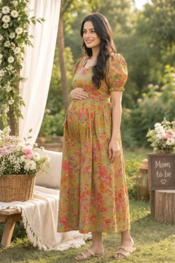 Garden Bloom Maternity Dress in Mehendi Green – maternity kurti, photo 2