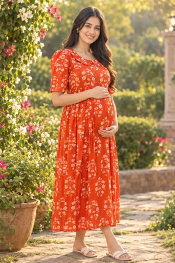 Sunset Bloom Maternity Dress in Orange – maternity kurti, photo 2