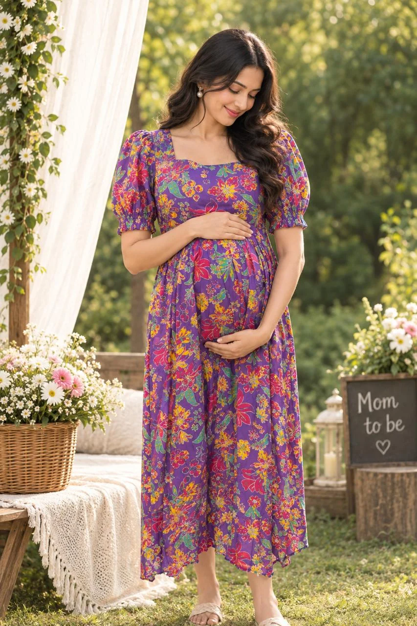 m2-10-multicolor-floral-maternity-maxi-dress-1 Floral Fiesta Maternity Dress in Purple – maternity kurti by AtoZMart
