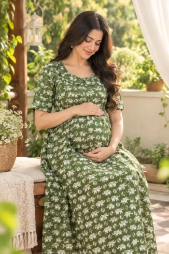 Elephant March Maternity Dress in Olive Green – maternity kurti by AtoZMart