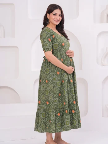 Bandhej Mehendi Maternity Feeding Dress in Mehendi Green – maternity kurti by AtoZMart