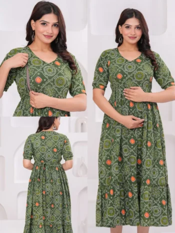 Bandhej Mehendi Maternity Feeding Dress in Mehendi Green – maternity kurti, photo 2