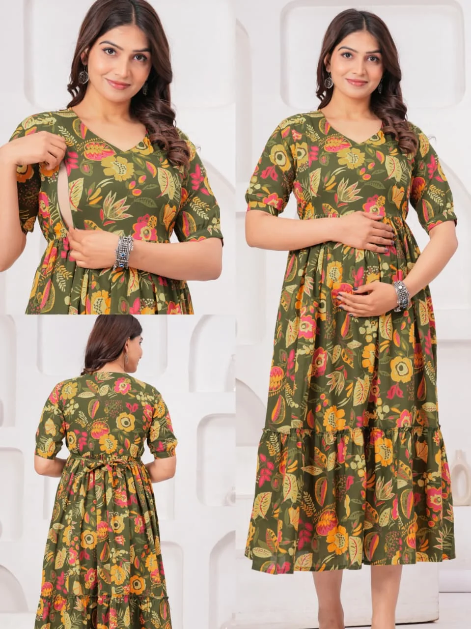 m3-04-olive-green-floral-maternity-feeding-dress-2 Olive Fiesta Maternity Feeding Dress in Olive Green – maternity kurti, photo 2
