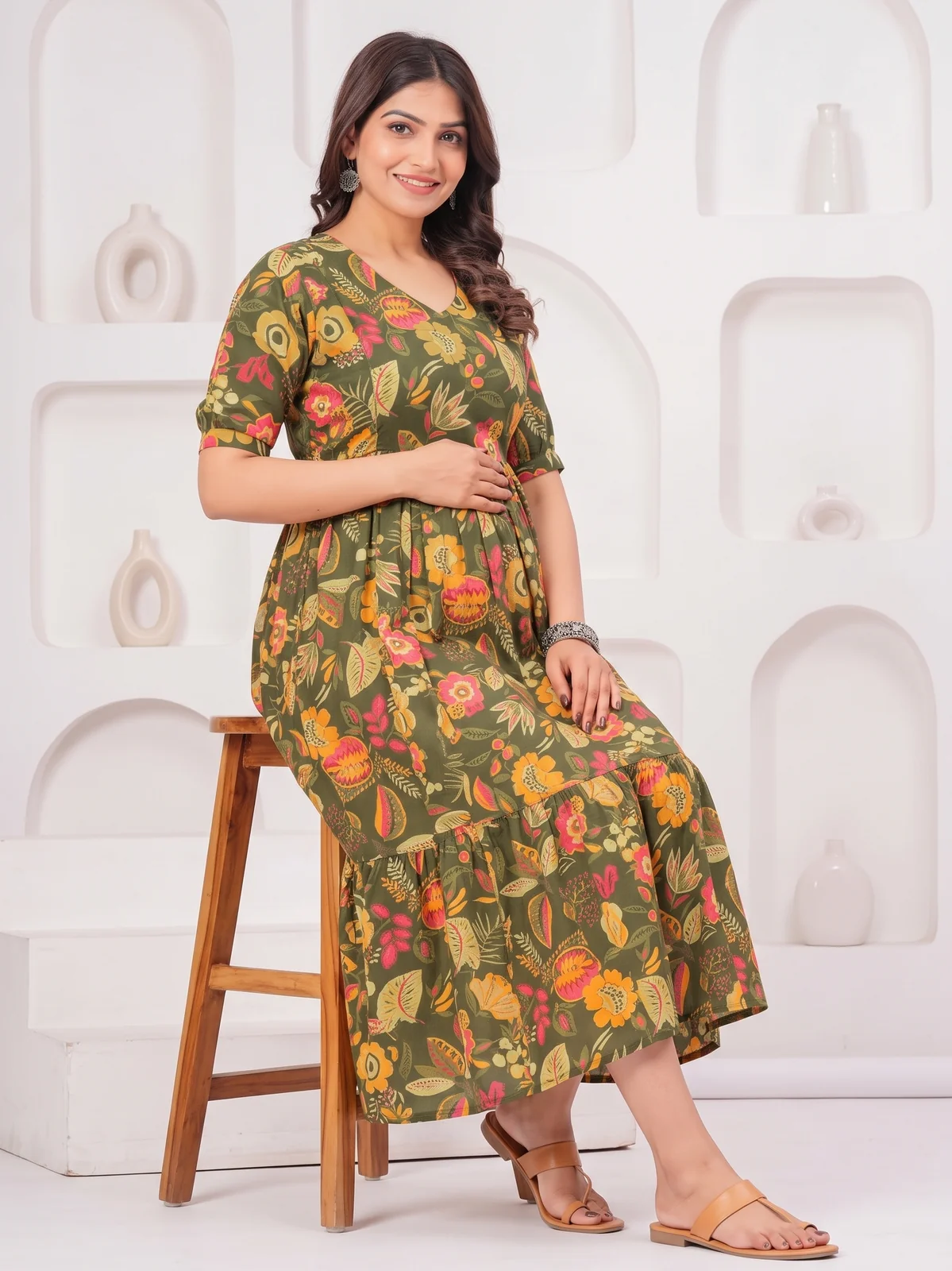 m3-04-olive-green-floral-maternity-feeding-dress-3 Olive Fiesta Maternity Feeding Dress in Olive Green – maternity kurti, photo 3