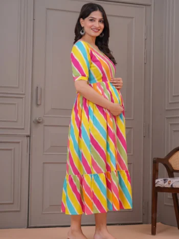 Leheriya Rainbow Maternity Feeding Dress in Multicolour – maternity kurti by AtoZMart