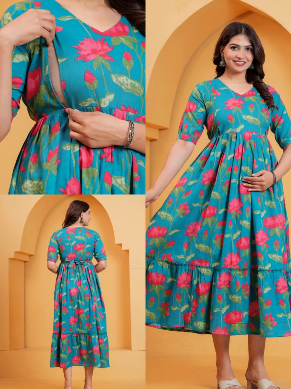 m3-06-teal-lotus-print-maternity-feeding-dress-2 Lotus Lagoon Maternity Feeding Dress in Turquoise – maternity kurti, photo 2