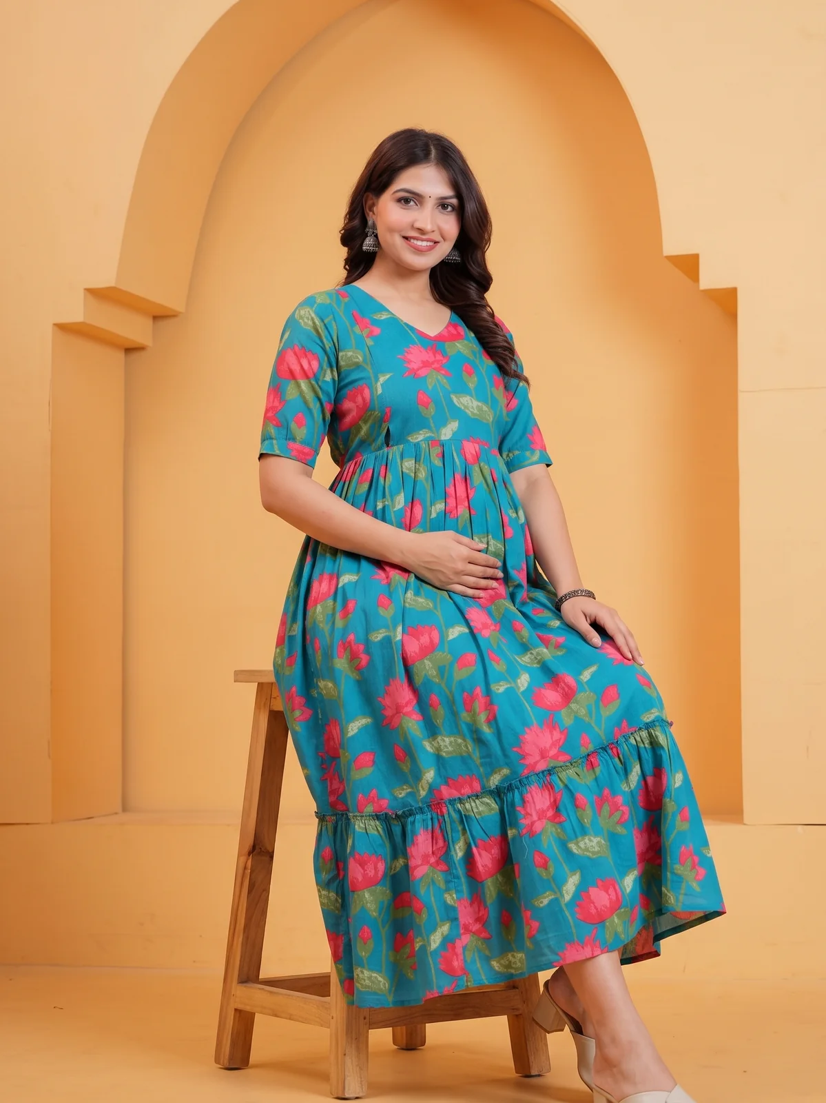 m3-06-teal-lotus-print-maternity-feeding-dress-3 Lotus Lagoon Maternity Feeding Dress in Turquoise – maternity kurti, photo 3