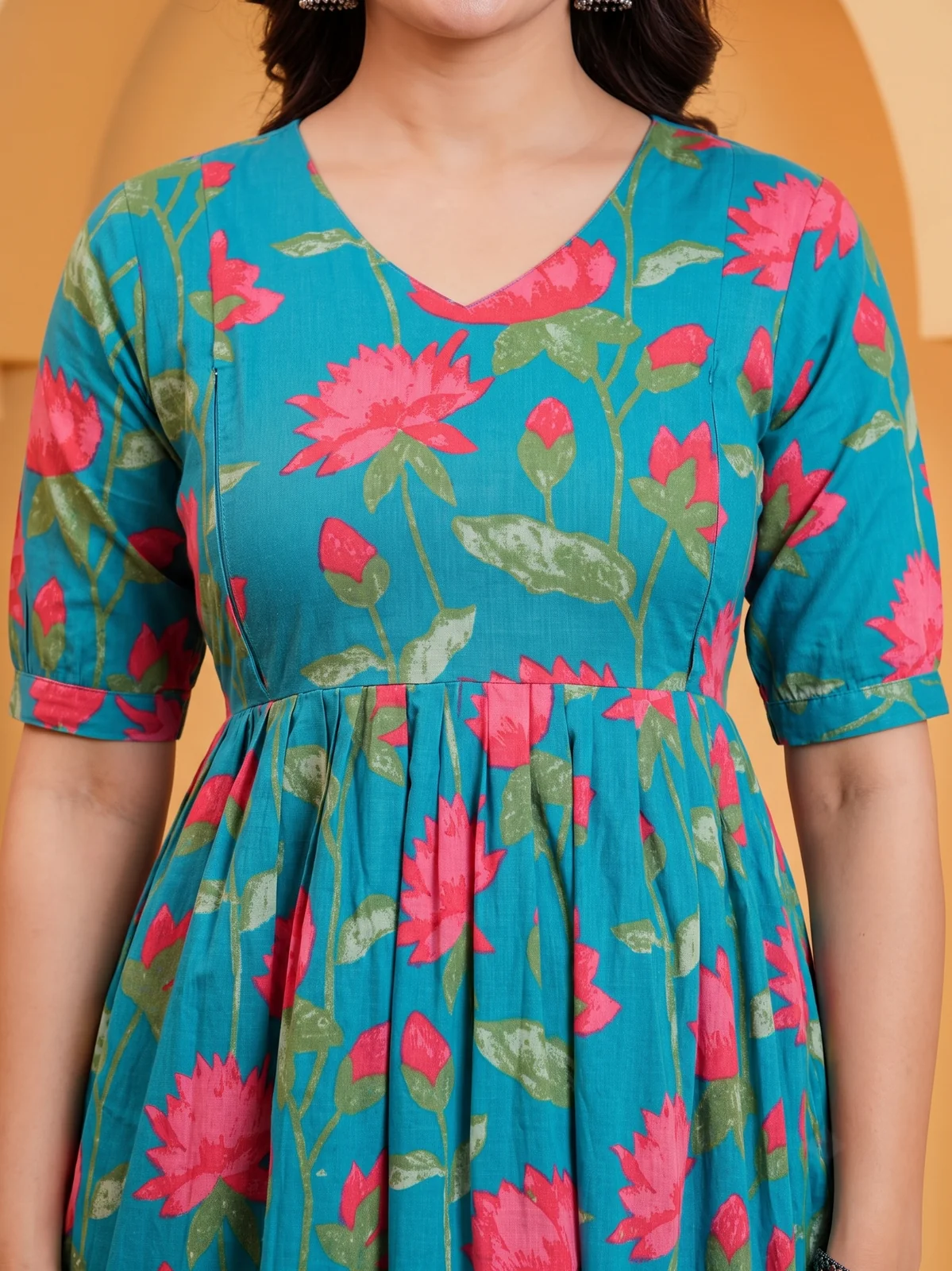 m3-06-teal-lotus-print-maternity-feeding-dress-5 Lotus Lagoon Maternity Feeding Dress in Turquoise – maternity kurti, photo 5