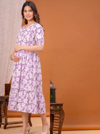 Lilac Bloom Maternity Feeding Dress in Lavender – maternity kurti by AtoZMart