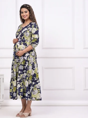 Navy Bouquet Maternity Feeding Dress in Navy Blue – maternity kurti by AtoZMart