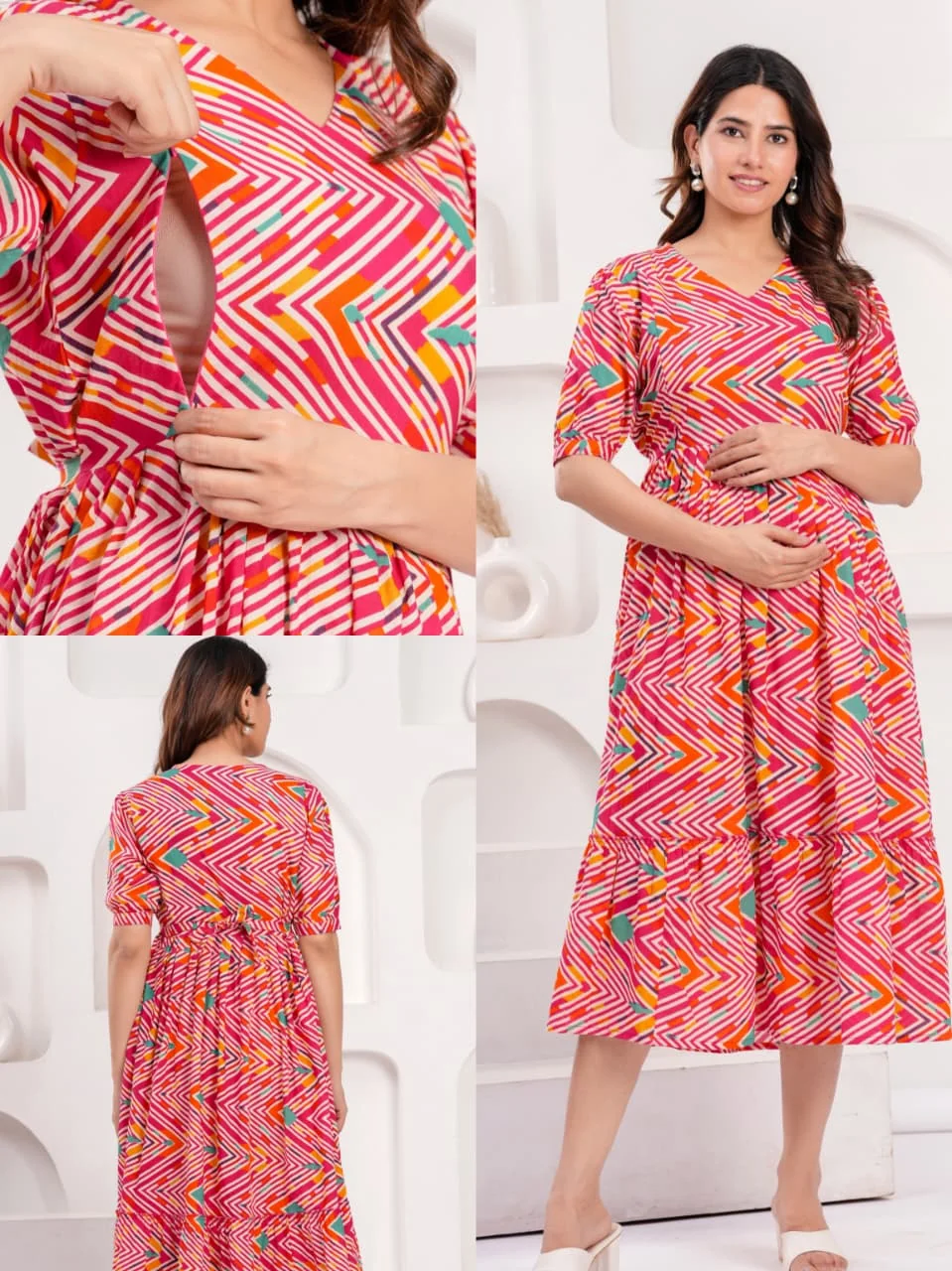 m3-11-pink-chevron-print-maternity-feeding-dress-2 Chevron Pink Maternity Feeding Dress – maternity kurti, photo 2