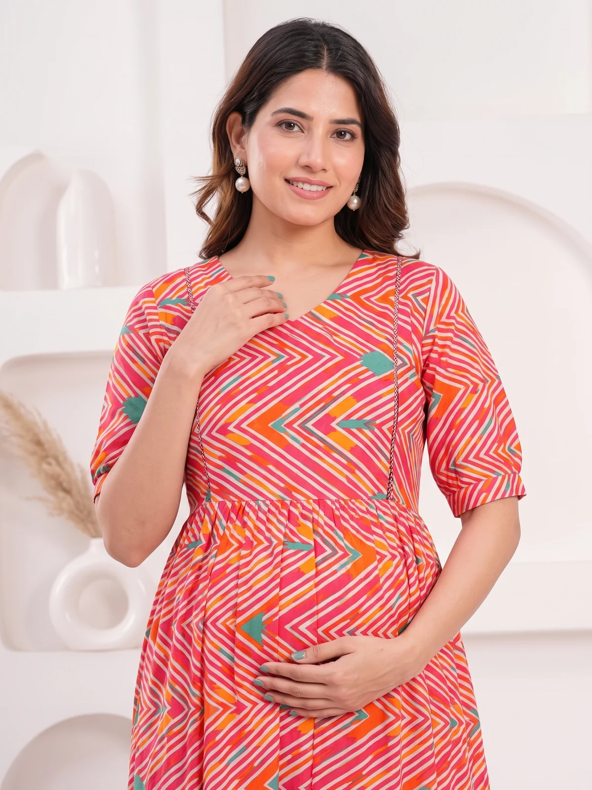 m3-11-pink-chevron-print-maternity-feeding-dress-4 Chevron Pink Maternity Feeding Dress – maternity kurti, photo 4