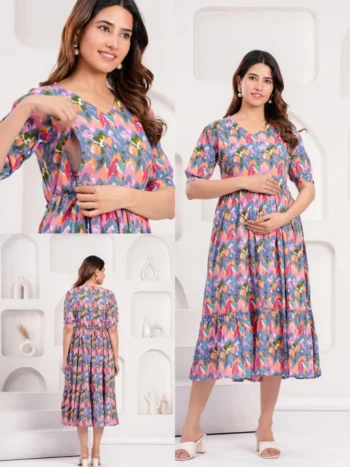 Ikat Splash Maternity Feeding Dress in Grey Blue – maternity kurti, photo 2