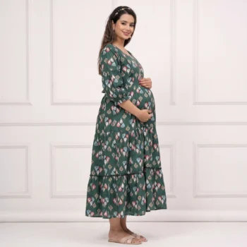 Emerald Leaf Maternity Feeding Dress in Dark Green – maternity kurti by AtoZMart
